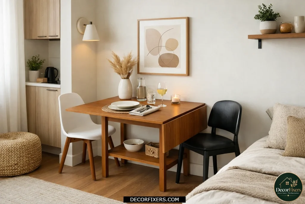 Small dining area with a stylish drop-leaf table designed for flexible space-saving use.