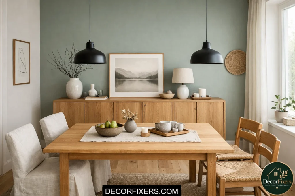 Scandinavian dining room with dusty sage accent wall and oak furniture