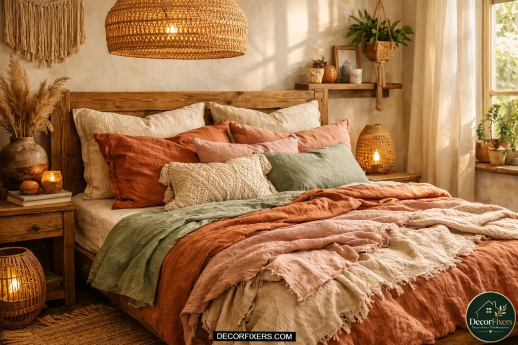 Layered linen bedding in terracotta, sage green, oatmeal, and dusty rose tones styled in a cozy bohemian bedroom with textured pillows and warm morning sunlight.