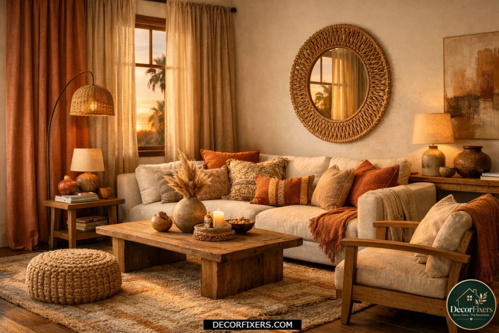 Warm earth-tone curtains in a cozy luxury living room.