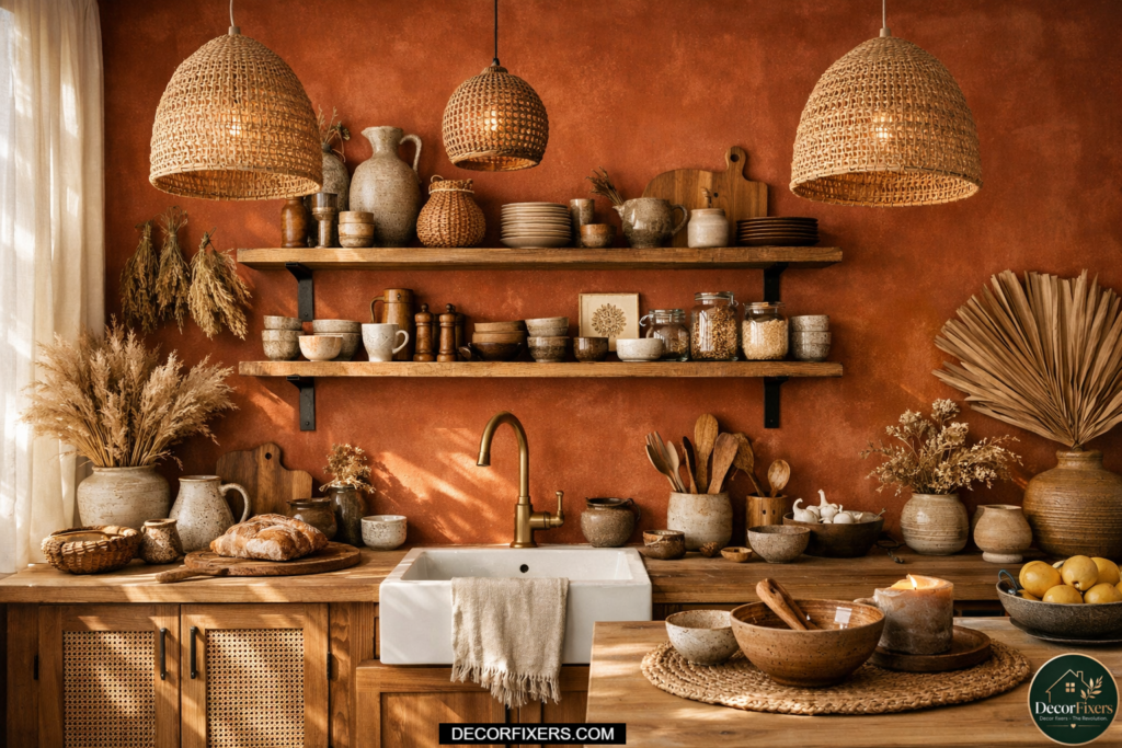 Earthy terracotta accent wall creating warmth inside a modern boho kitchen