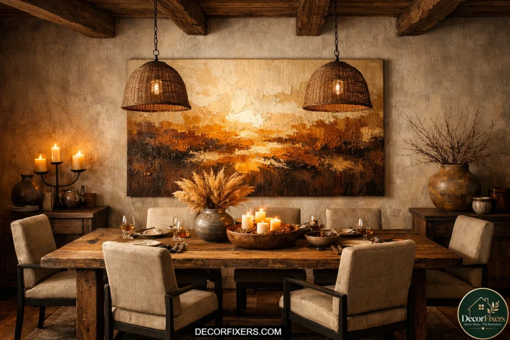 Earthy gold abstract canvas in rustic dining room with exposed beams.