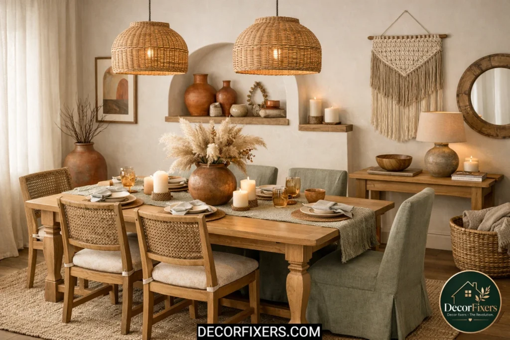Earthy neutral boho dining room with terracotta and sage accents