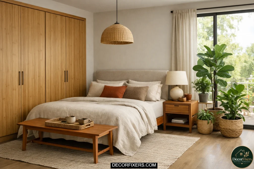 Sustainable bamboo wardrobe design in a calming eco-friendly bedroom.