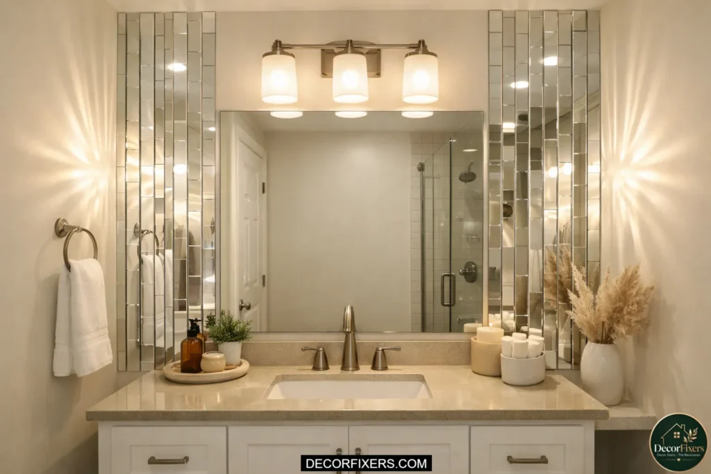 Peel-and-stick mirror tile panels making a bathroom look wider
