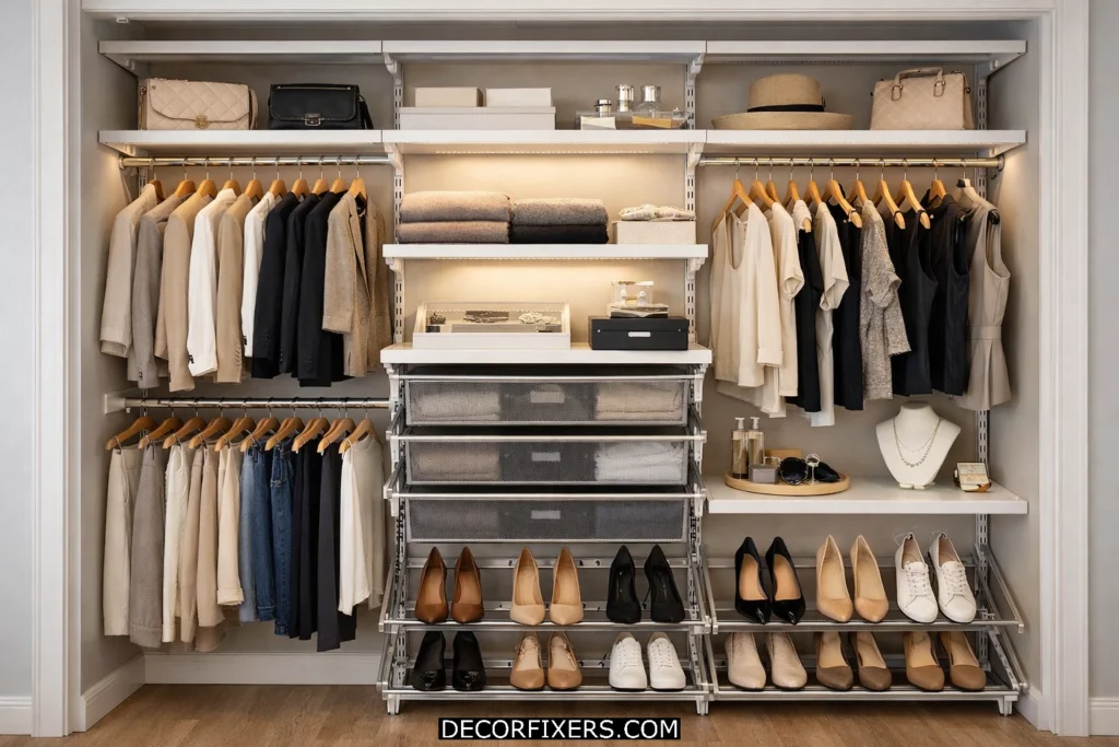 Premium ELFA adjustable shelving system inside a luxury organized small closet.