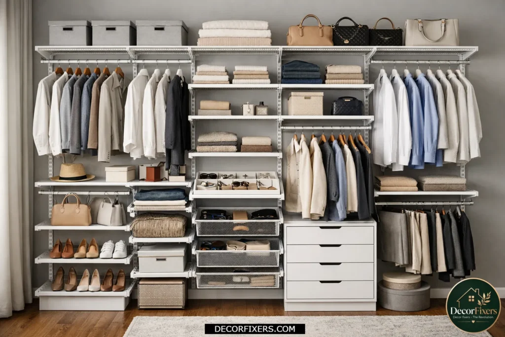 Flexible Elfa closet system with adjustable shelves and hanging storage.