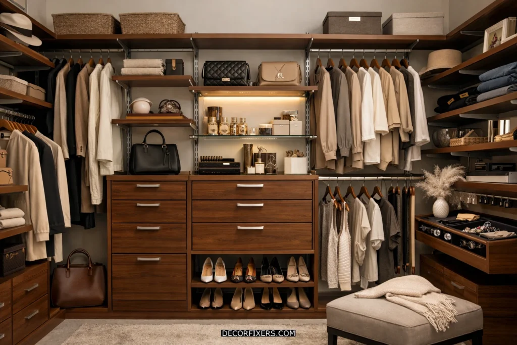 Elfa Décor modular drawer system in a custom closet.