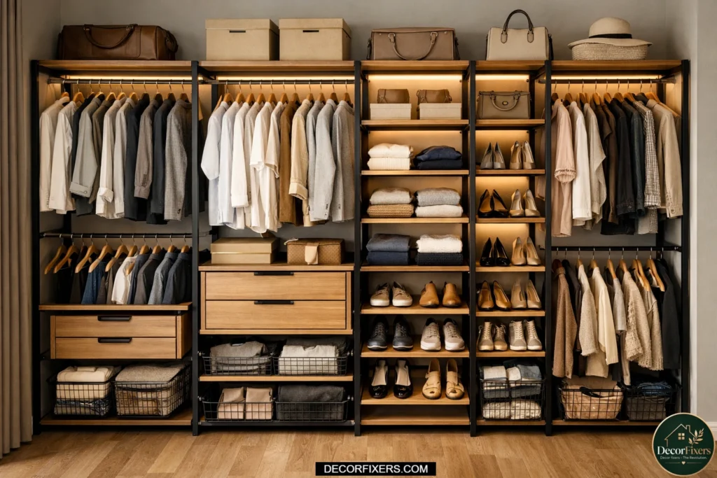 Modern closet transformed with a modular shelving system featuring hanging clothes, drawers, shoe racks, and wire baskets in a luxury apartment