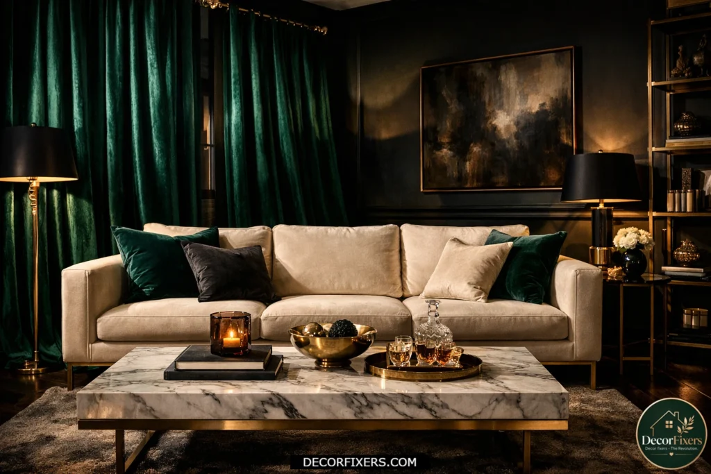 Emerald velvet curtains adding dramatic luxury to a modern living room.