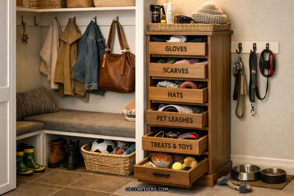 Entryway closet drawer system for small accessories.