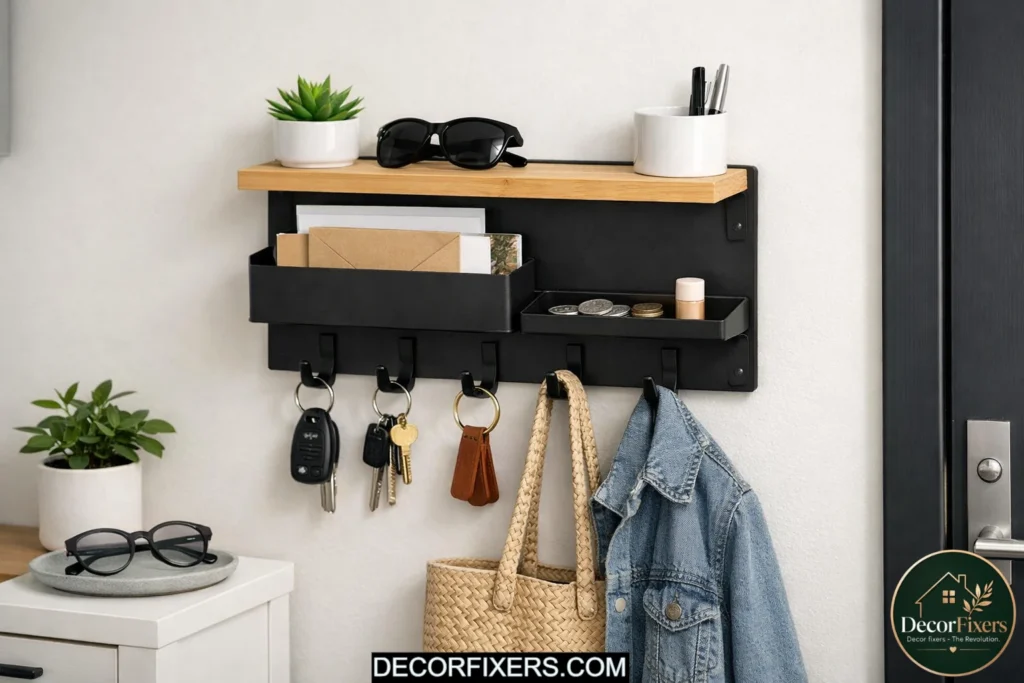 Wall-mounted key and mail organizer keeping entryway essentials organized