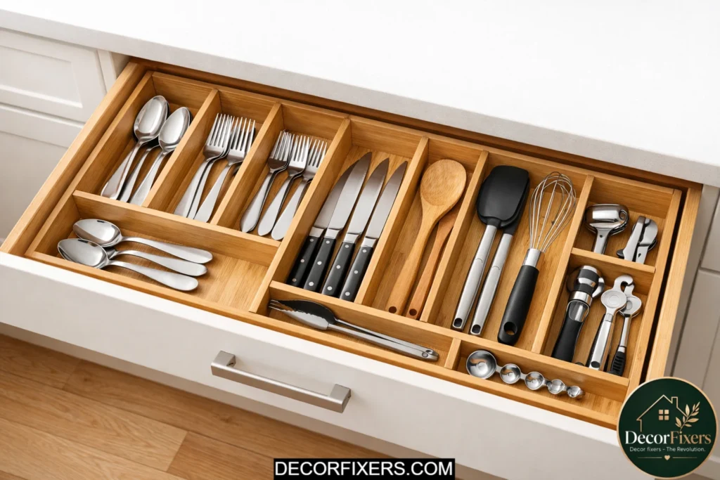 Expandable bamboo drawer dividers organizing kitchen utensils