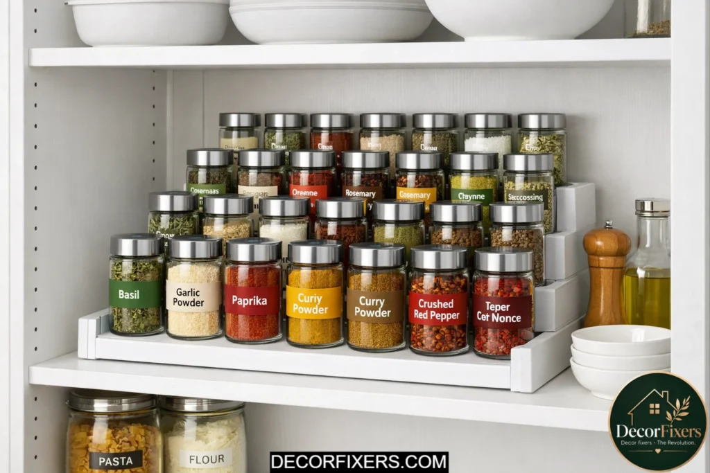 Expandable tiered spice rack inside a kitchen pantry cabinet