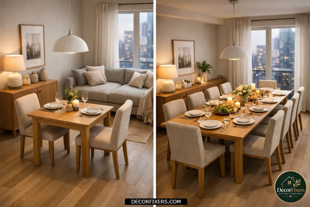 Extendable butterfly-leaf dining table expanded in a compact apartment dining room.