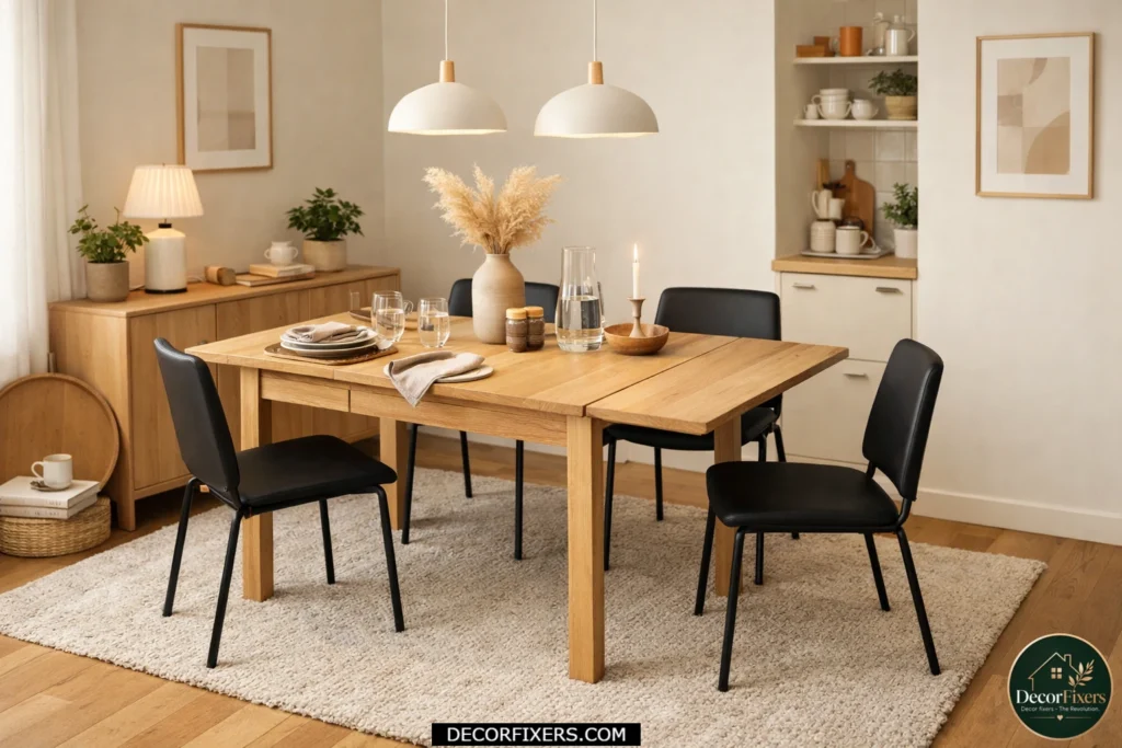 Small apartment dining room with an extendable oak table designed for flexible seating.