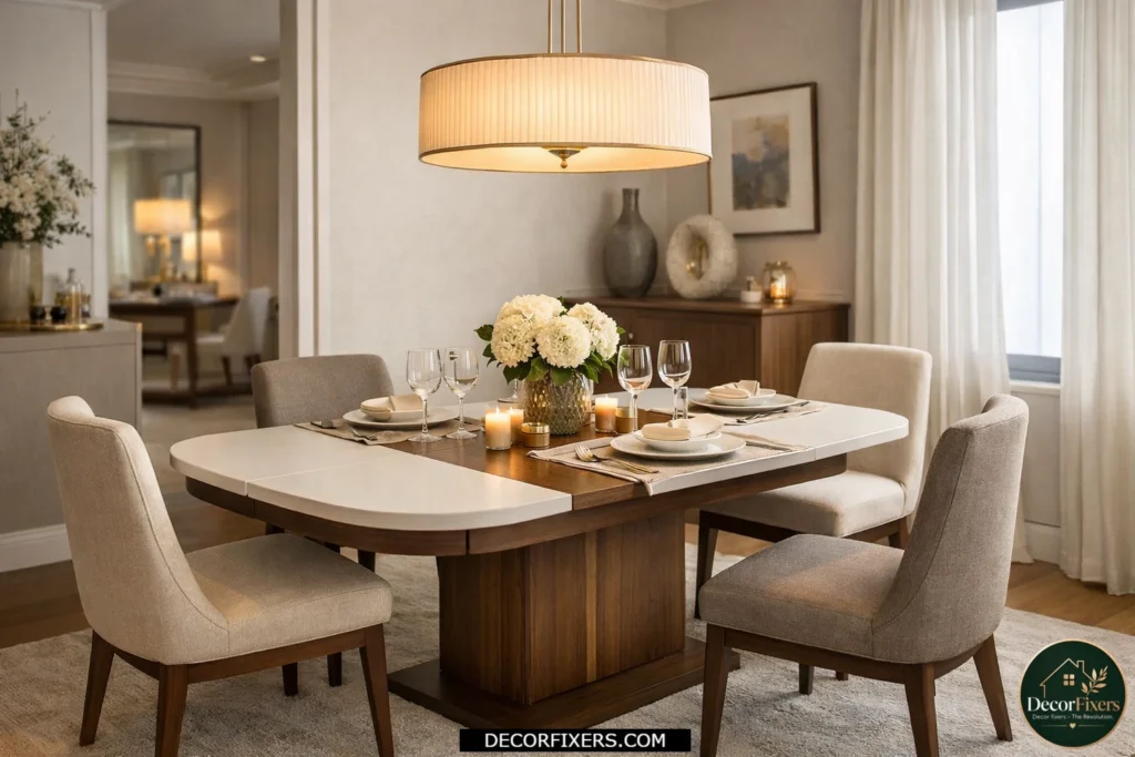 Small dining room with an extendable dining table designed for both daily meals and entertaining guests.