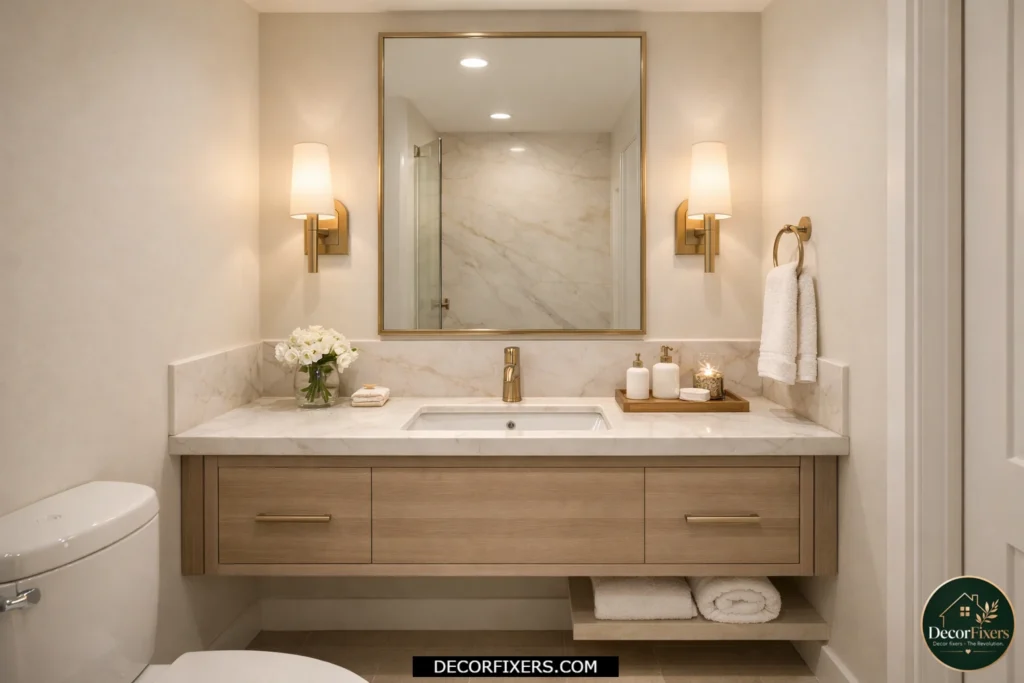 Small bathroom vanity with eye-level wall sconces placed beside the mirror for balanced flattering lighting.