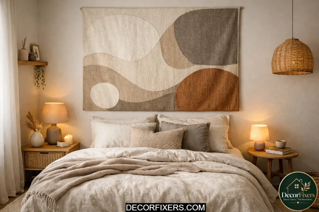 Oversized fabric wall art creating a stylish renter-friendly bedroom focal point