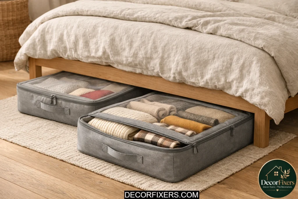 Fabric zip-top underbed bags storing folded seasonal clothing