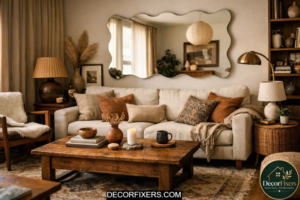 Budget living room styled with Facebook Marketplace thrift furniture finds