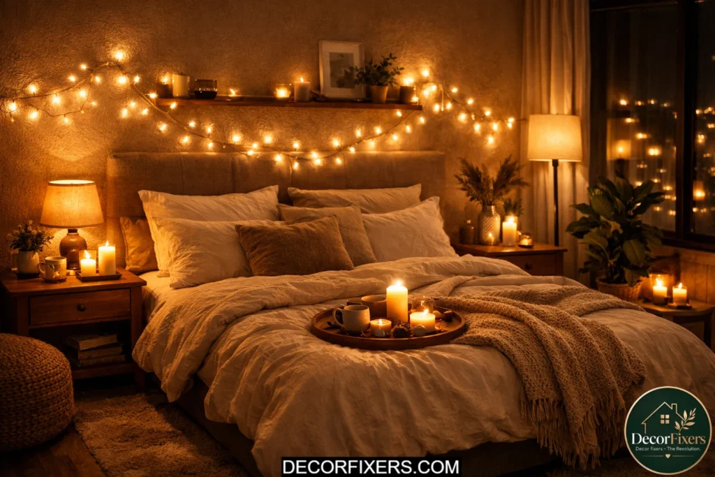 Warm fairy lights creating cozy ambient lighting in a budget bedroom