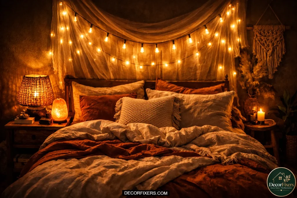 Nighttime bohemian bedroom glowing with warm Edison string lights, layered linen bedding, Himalayan salt lamp, rattan decor, and cozy amber ambient lighting.