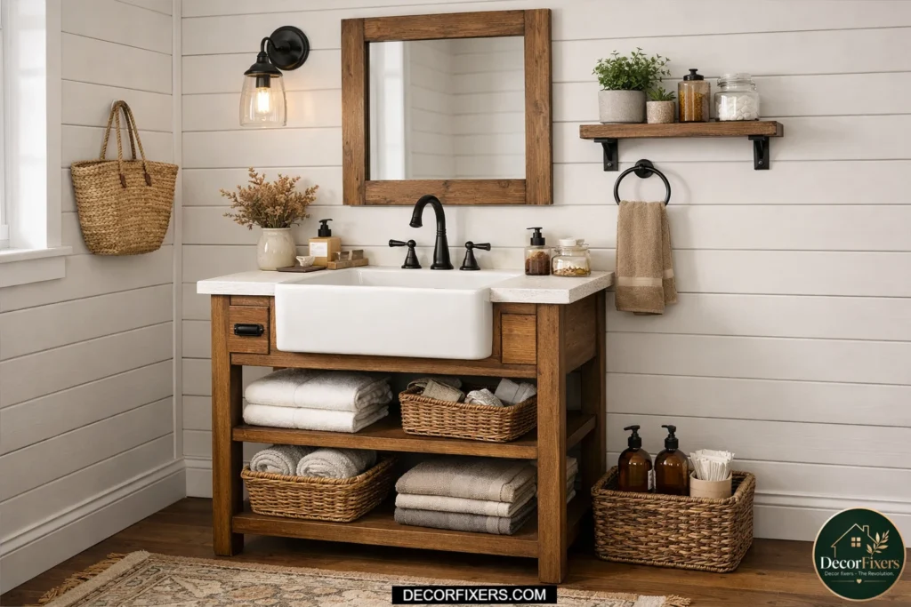 Farmhouse bathroom vanity with apron sink in a compact space