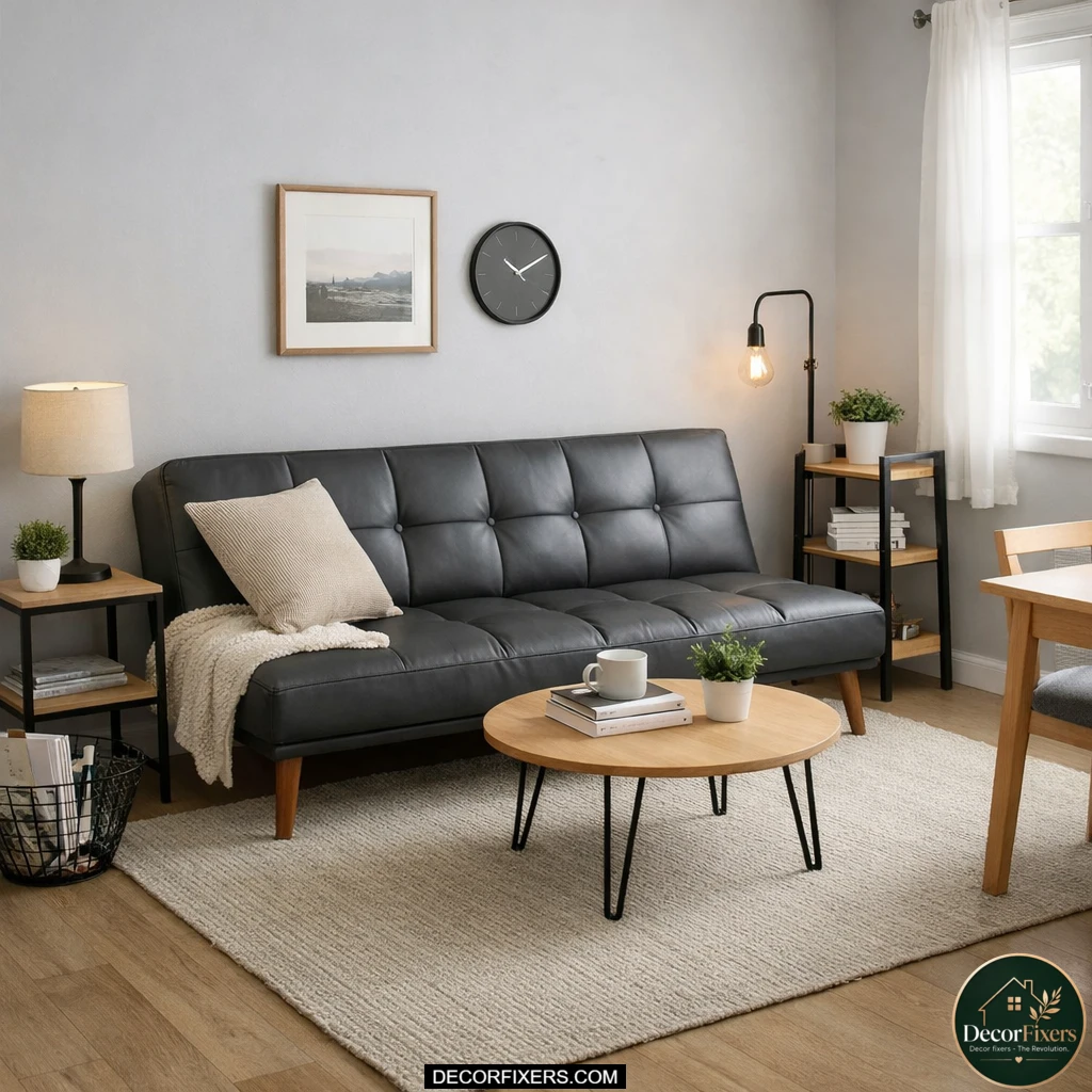 Charcoal faux leather futon sofa bed in a stylish budget-friendly rental apartment.