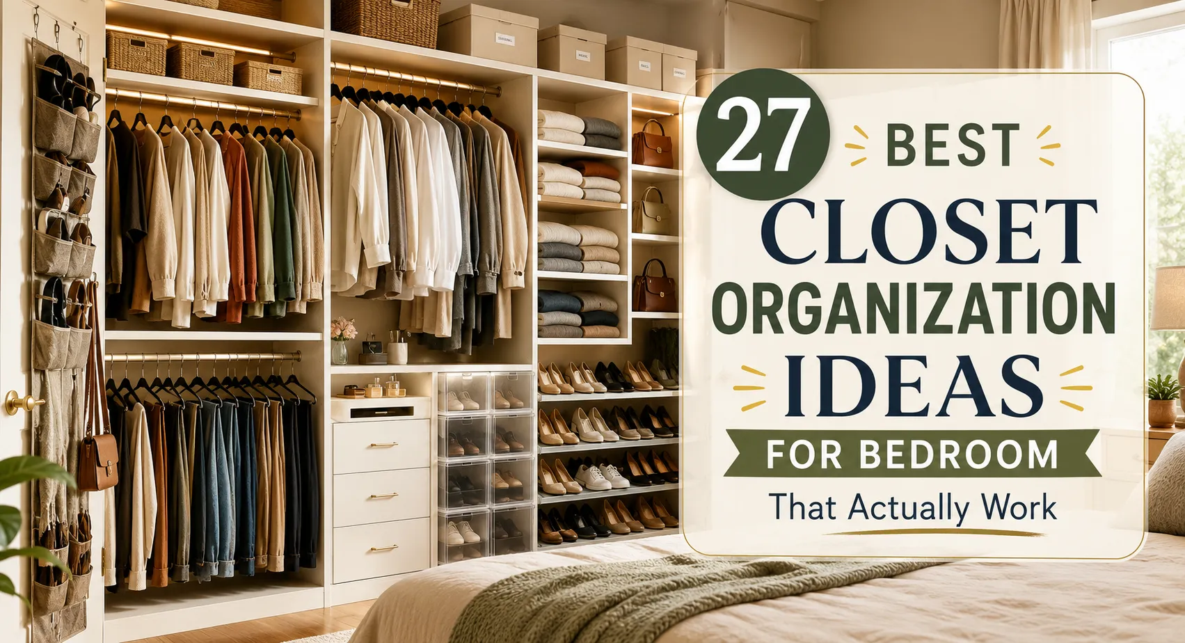 Luxury organized bedroom closet featured image with modern storage ideas.