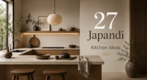 Japandi kitchen with warm oak cabinetry, matte stone countertops, soft natural lighting, and minimalist Japanese Scandinavian interior styling.