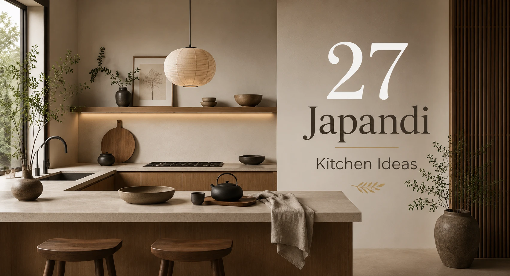 Japandi kitchen with warm oak cabinetry, matte stone countertops, soft natural lighting, and minimalist Japanese Scandinavian interior styling.