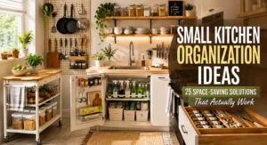 Fully organized small kitchen combining multiple space-saving storage solutions in a modern apartment.
