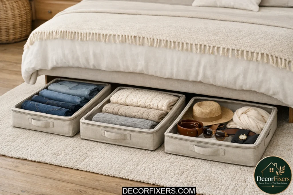 Flat fabric bins storing off-season clothes under a bed