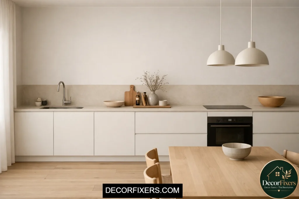 Flat-front slab cabinets in warm Scandinavian kitchen