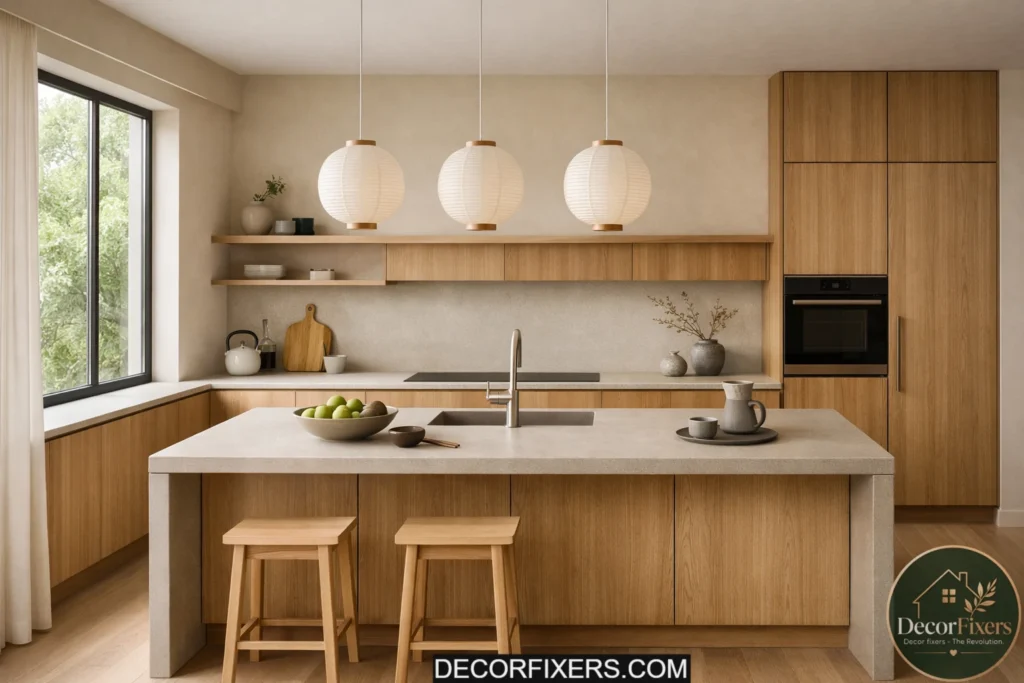 Flat-panel handleless Japandi kitchen with oak cabinetry and minimalist warm neutral styling.