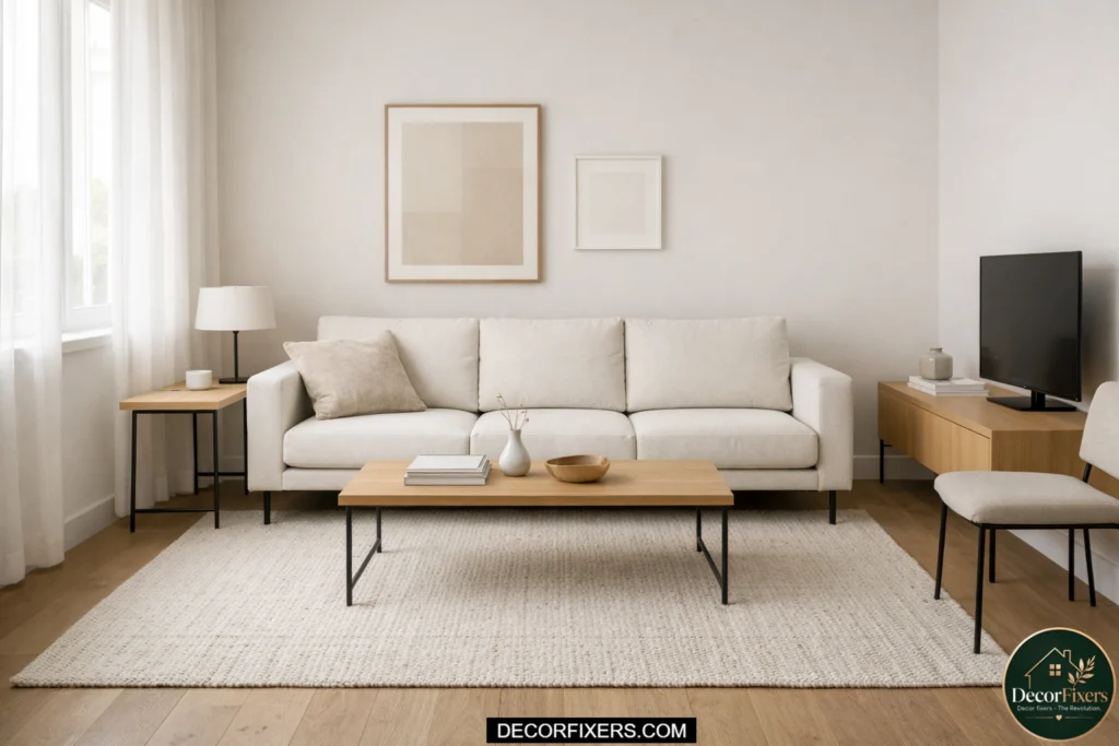 small living room with sofa floating away from wall creating visual space