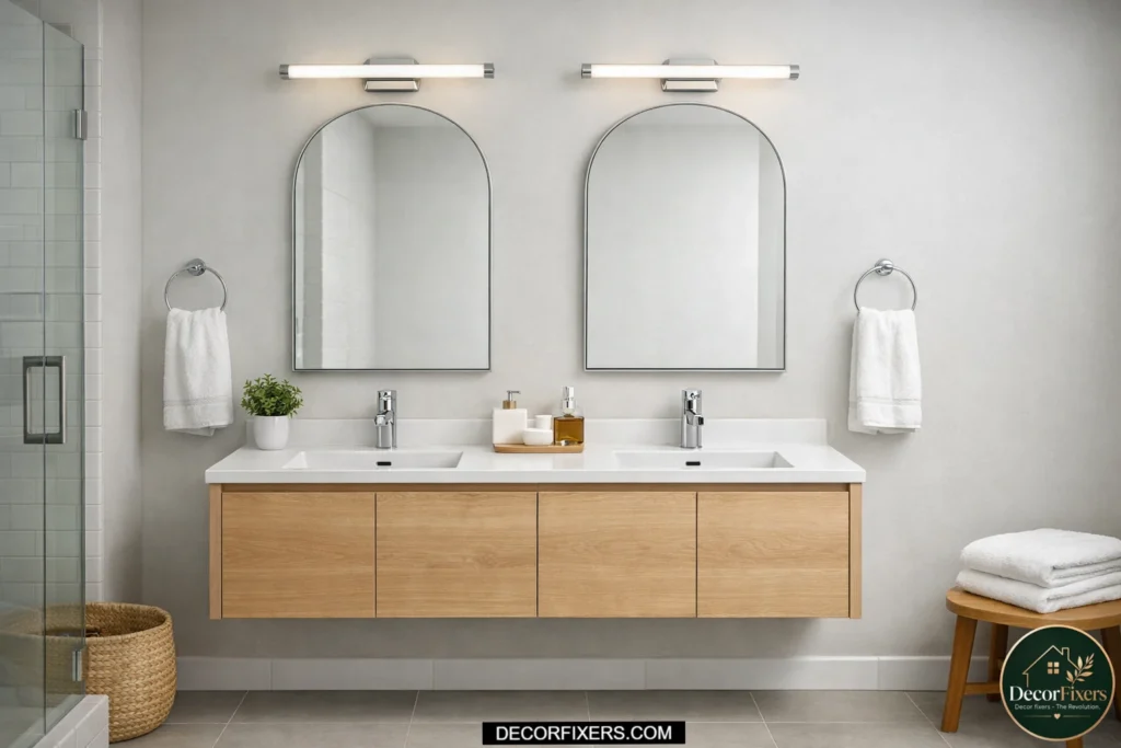 Space-saving floating double vanity for a shared small bathroom