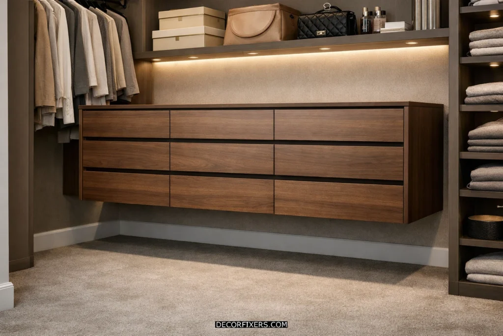 Floating drawer cabinet mounted inside a walk-in closet.
