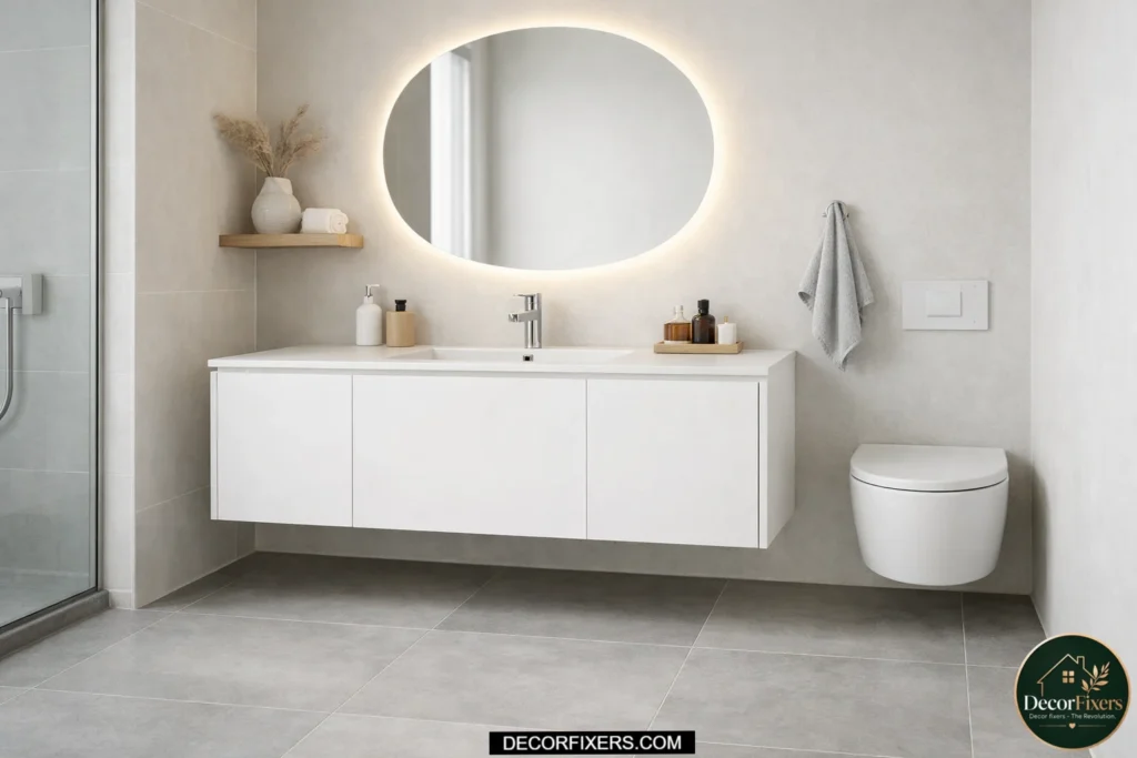 Floating flat-panel vanity creating more floor space in a small bathroom