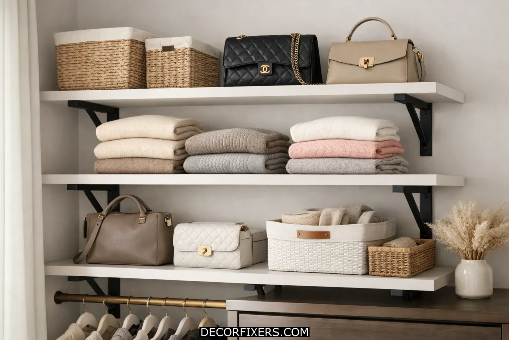 Floating laminate shelves with black brackets creating modern small closet storage.