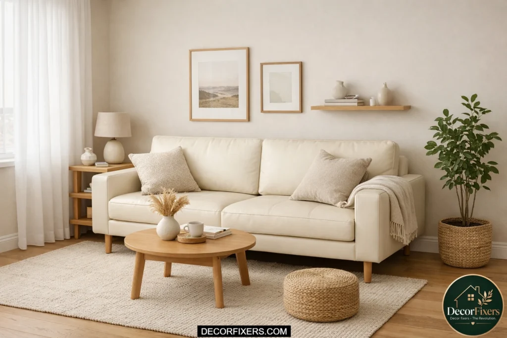 Cream leather sofa bed floating slightly off the wall in a bright small apartment.