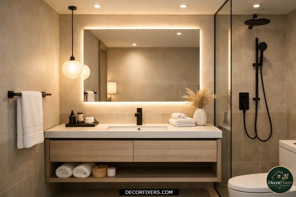 Floating bathroom mirror with built-in LED strip lighting creating a luxury hotel effect.