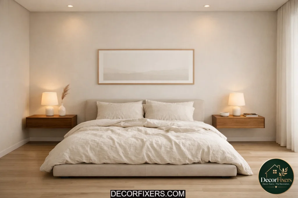 Minimalist bedroom with floating walnut nightstands and clean open floor space