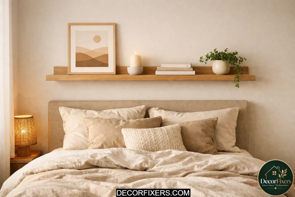 Floating shelf above the bed styled with plants books and framed art