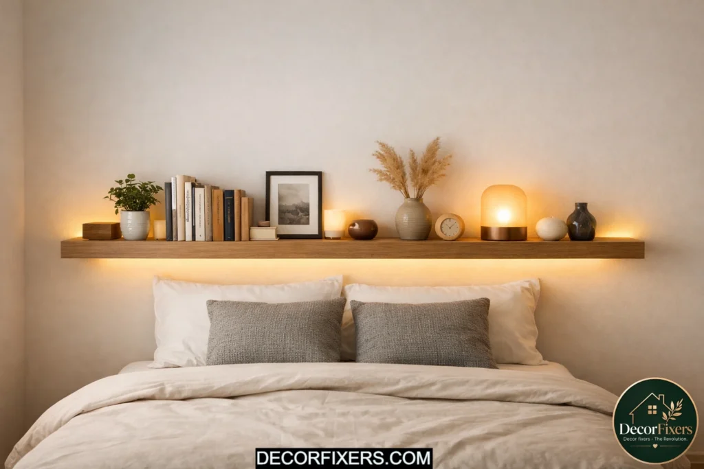 Floating shelf headboard above a bed for stylish small bedroom storage