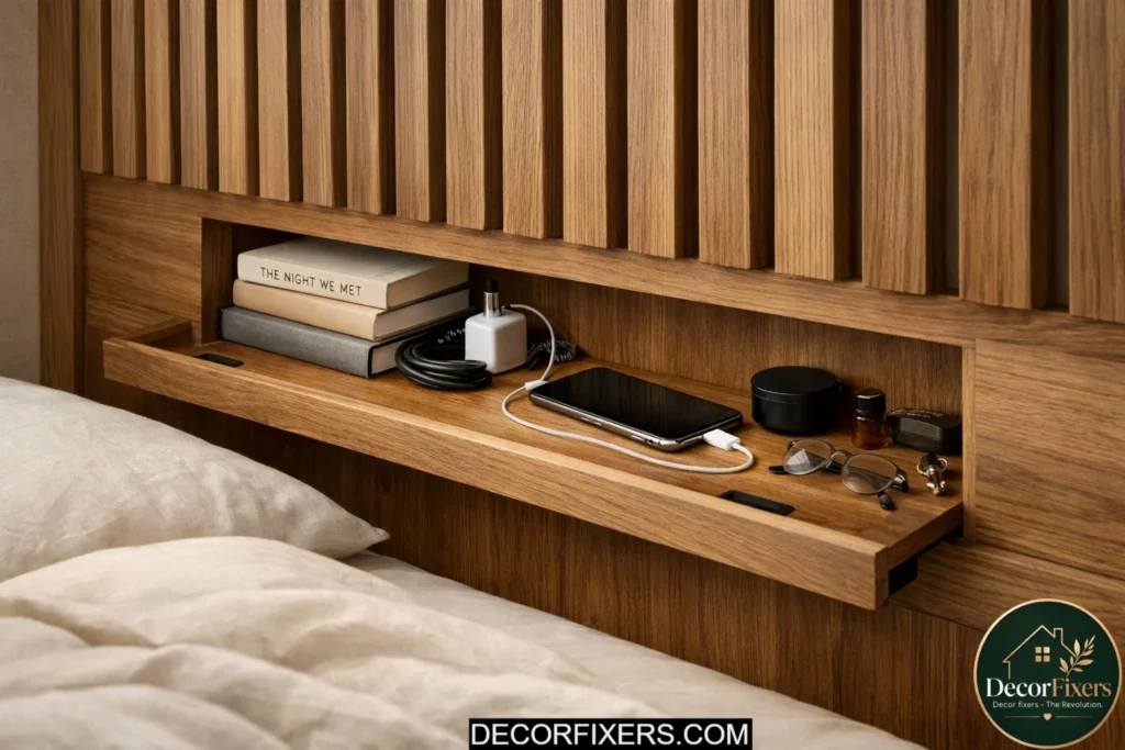 Hidden floating shelf mounted inside a slatted bed frame