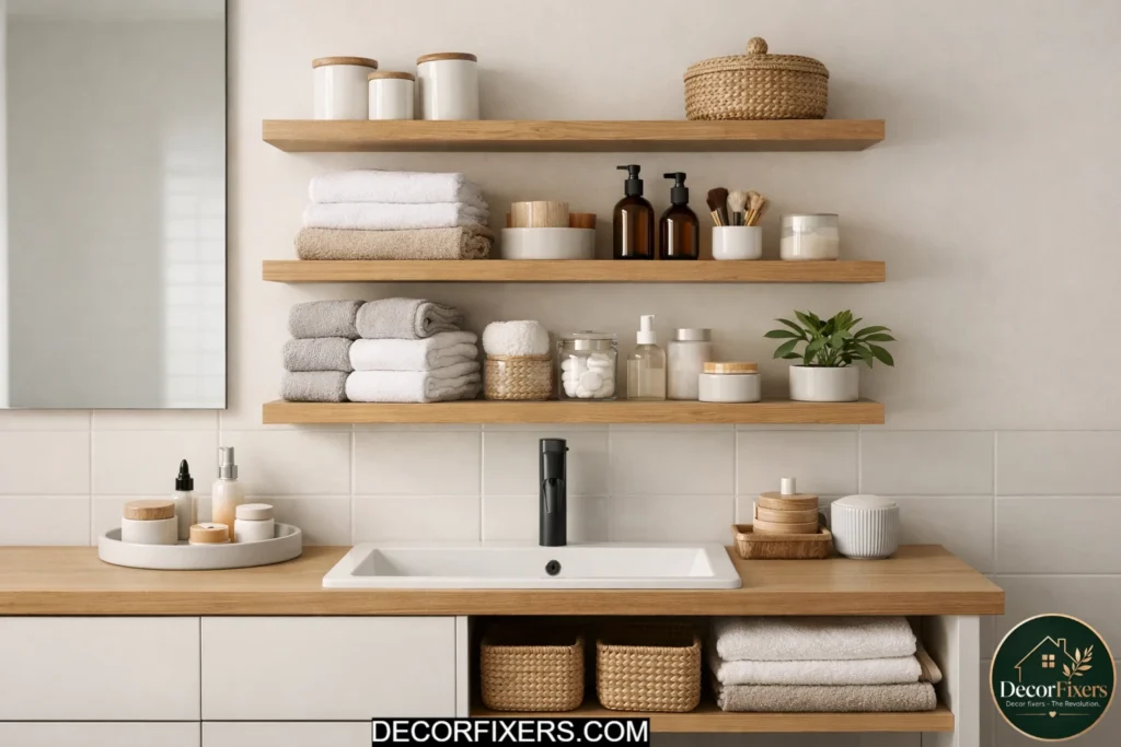 Floating shelves above bathroom cabinet for overflow storage