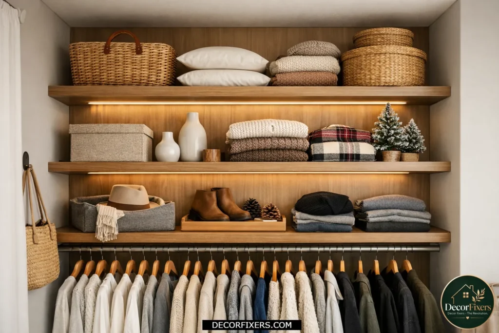 Floating shelves above the closet rod, adding extra vertical storage.