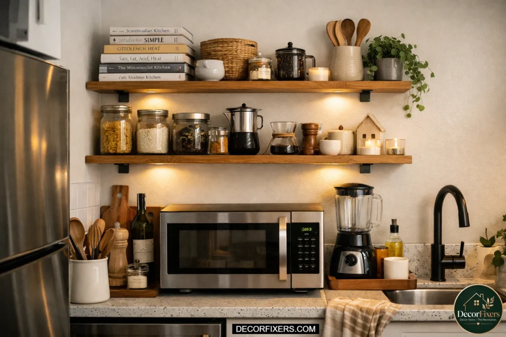 Two floating wooden shelves mounted above microwave holding cookbooks, jars, a blender, and small decor accents in a cozy small apartment kitchen